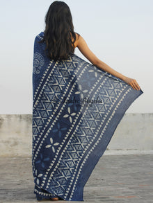 Indigo Ivory Hand Block Printed Cotton Saree In Natural Colors - S031702351