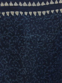 Indigo Ivory Hand Block Printed Cotton Saree In Natural Colors - S031702351
