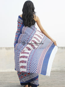 Indigo White Maroon Hand Block Printed Cotton Saree In Natural Colors - S031702354