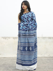 Indigo Blue Ivory Hand Block Printed Cotton Saree In Natural Colors - S031702355