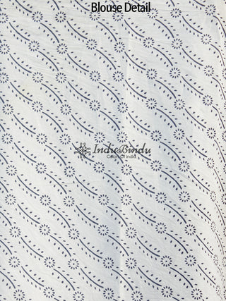 Indigo Blue Ivory Hand Block Printed Cotton Saree In Natural Colors - S031702355