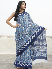 Indigo Blue White Hand Block Printed Cotton Saree In Natural Colors - S031702356