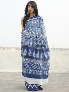 Indigo Blue White Hand Block Printed Cotton Saree In Natural Colors - S031702356