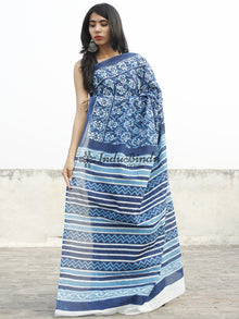 Indigo Blue White Hand Block Printed Cotton Saree In Natural Colors - S031702358