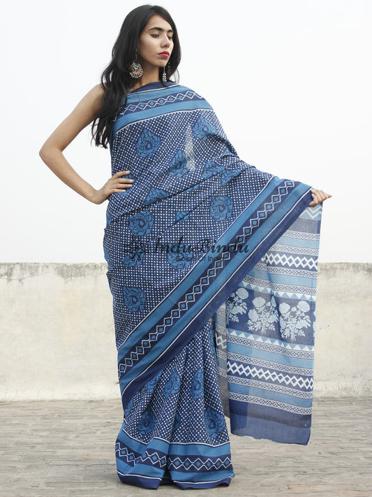 Indigo Blue White Hand Block Printed Cotton Saree In Natural Colors - S031702360