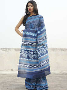 Indigo Blue White Hand Block Printed Cotton Saree In Natural Colors - S031702360