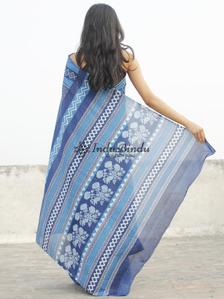 Indigo Blue White Hand Block Printed Cotton Saree In Natural Colors - S031702360