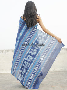 Indigo Blue White Hand Block Printed Cotton Saree In Natural Colors - S031702360