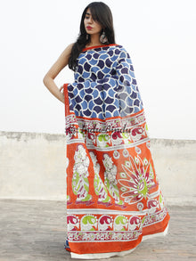 Indigo Blue White Red Hand Block Printed Cotton Saree With Kalamkari Printed Pallu - S031702361