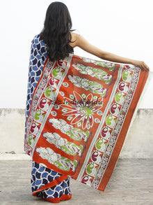 Indigo Blue White Red Hand Block Printed Cotton Saree With Kalamkari Printed Pallu - S031702361