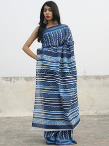 Indigo Blue White Hand Block Printed Cotton Saree In Natural Colors - S031702363