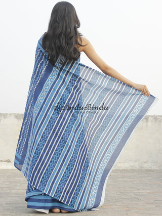 Indigo Blue White Hand Block Printed Cotton Saree In Natural Colors - S031702363