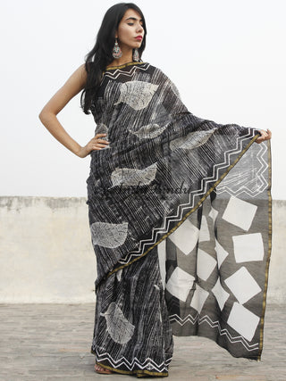 Black White Grey Hand Block Printed Chanderi Saree - S031702364