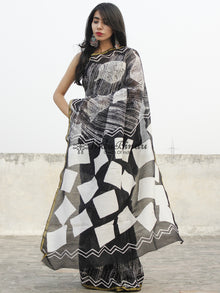 Black White Grey Hand Block Printed Chanderi Saree - S031702364