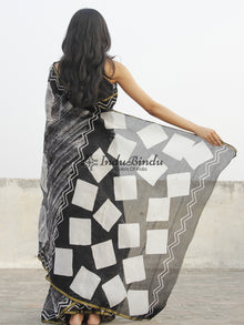 Black White Grey Hand Block Printed Chanderi Saree - S031702364