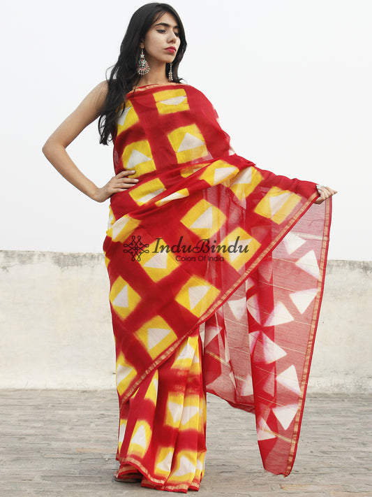 Brick Red Yellow White Hand Block Printed Chanderi Saree - S031702366