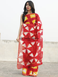 Brick Red Yellow White Hand Block Printed Chanderi Saree - S031702366