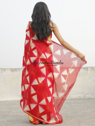 Brick Red Yellow White Hand Block Printed Chanderi Saree - S031702366