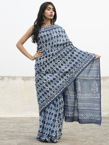 Indigo Blue White Hand Block Printed Cotton Saree In Natural Colors - S031702367