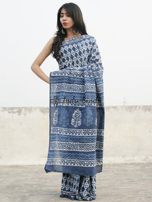 Indigo Blue White Hand Block Printed Cotton Saree In Natural Colors - S031702367