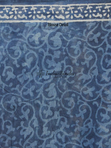 Indigo Blue White Hand Block Printed Cotton Saree In Natural Colors - S031702367