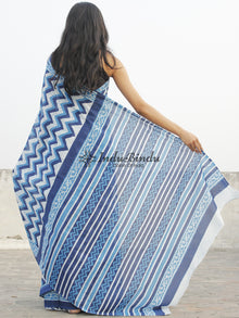 Indigo Blue White Hand Block Printed Cotton Saree In Natural Colors - S031702368