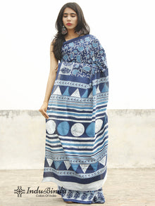Indigo Blue White Hand Block Printed Cotton Saree In Natural Colors - S031702370