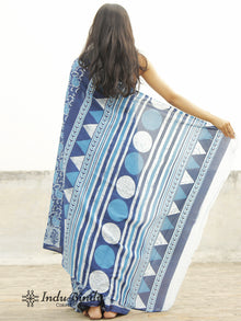 Indigo Blue White Hand Block Printed Cotton Saree In Natural Colors - S031702370
