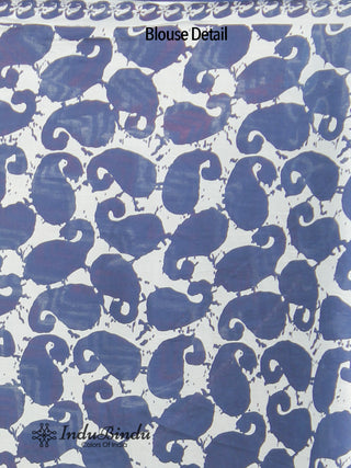 Indigo Blue White Hand Block Printed Cotton Saree In Natural Colors - S031702370