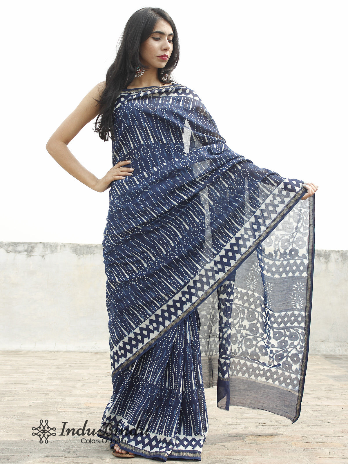 Indigo Blue White Hand Block Printed Chanderi Saree in Natural Colors - S031702374