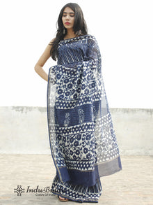 Indigo Blue White Hand Block Printed Chanderi Saree in Natural Colors - S031702374