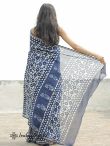 Indigo Blue White Hand Block Printed Chanderi Saree in Natural Colors - S031702374