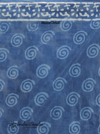 Indigo White Hand Block Printed Cotton Saree In Natural Colors - S031702377