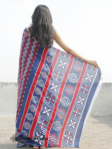 Indigo White Red Hand Block Printed Cotton Saree In Natural Colors - S031702379