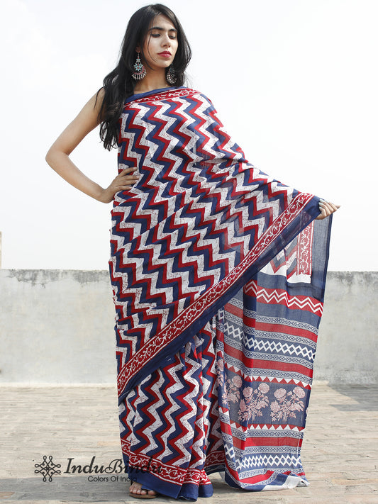 Indigo White Red Hand Block Printed Cotton Saree In Natural Colors - S031702381