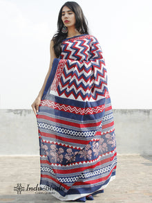 Indigo White Red Hand Block Printed Cotton Saree In Natural Colors - S031702381