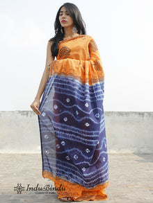 Orange Indigo Hand Block Printed & Shibori Dyed Cotton Saree In Natural Colors - S031702383