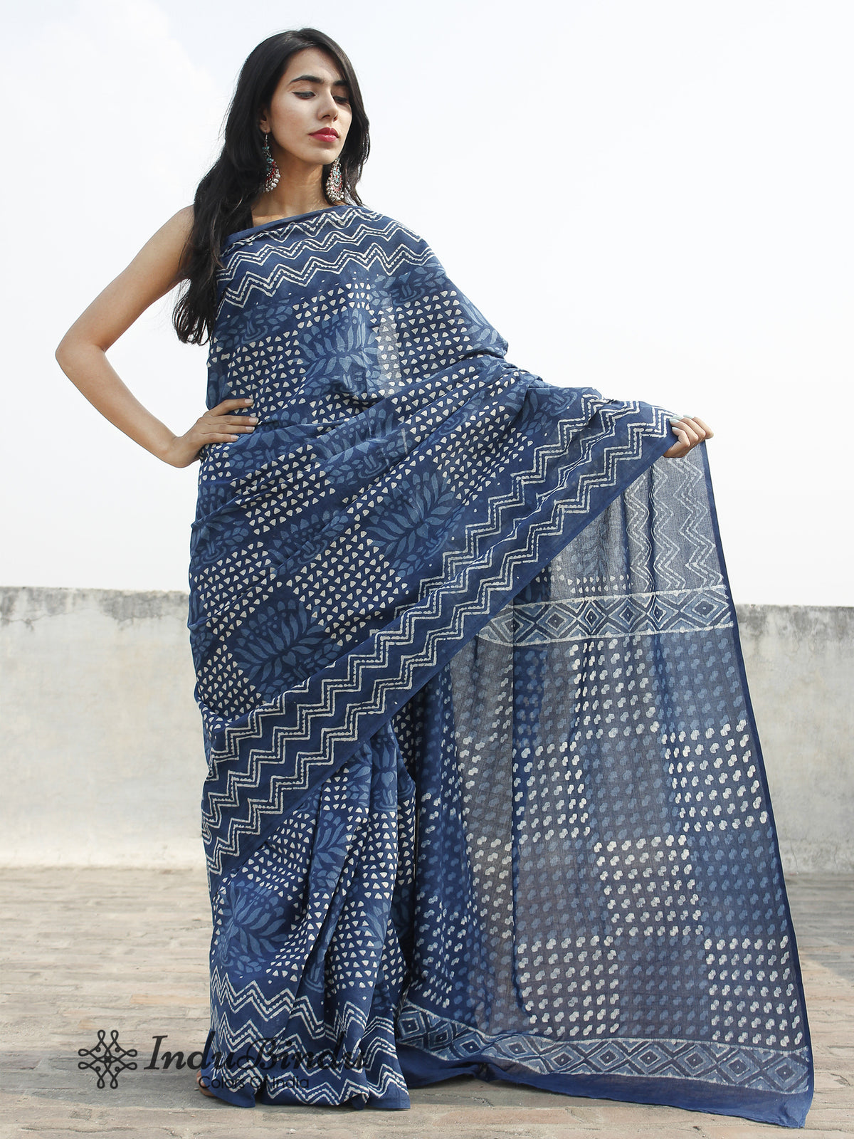 Indigo Ivory Blue Hand Block Printed Cotton Saree In Natural Colors - S031702385