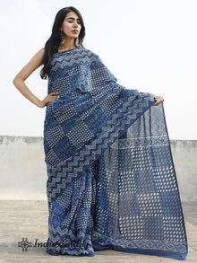 Indigo Ivory Blue Hand Block Printed Cotton Saree In Natural Colors - S031702385