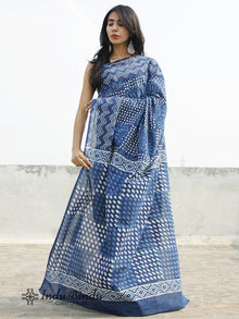 Indigo Ivory Blue Hand Block Printed Cotton Saree In Natural Colors - S031702385