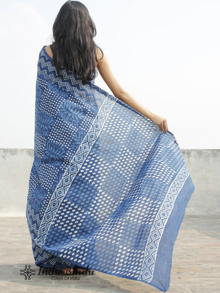 Indigo Ivory Blue Hand Block Printed Cotton Saree In Natural Colors - S031702385