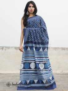 Indigo Blue White Hand Block Printed Cotton Saree In Natural Colors - S031702386