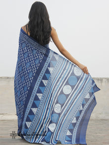 Indigo Blue White Hand Block Printed Cotton Saree In Natural Colors - S031702386
