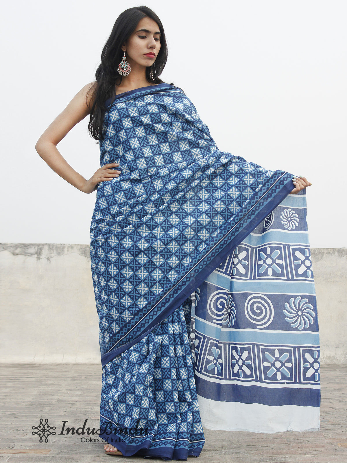 Indigo Blue White Hand Block Printed Cotton Saree In Natural Colors - S031702387