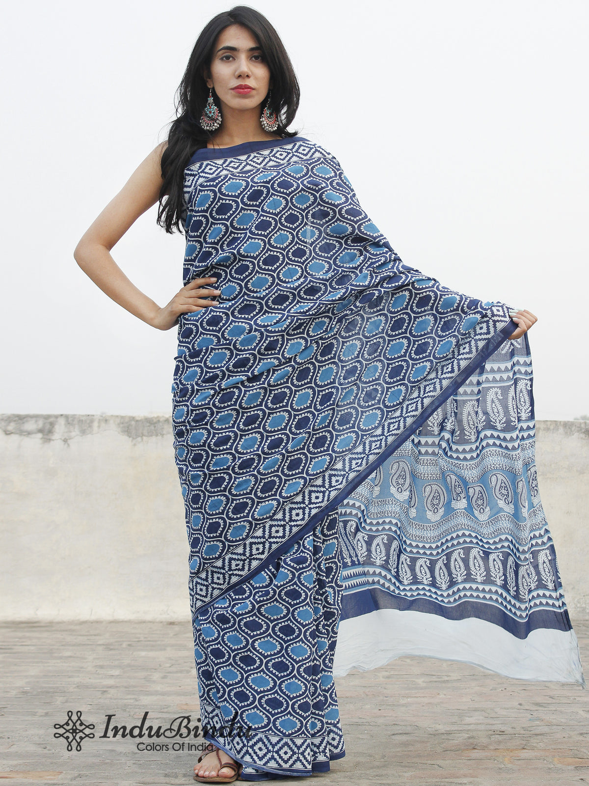 Indigo Blue White Hand Block Printed Cotton Saree In Natural Colors - S031702388