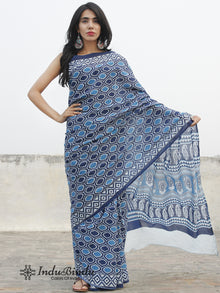 Indigo Blue White Hand Block Printed Cotton Saree In Natural Colors - S031702388