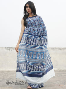 Indigo Blue White Hand Block Printed Cotton Saree In Natural Colors - S031702388