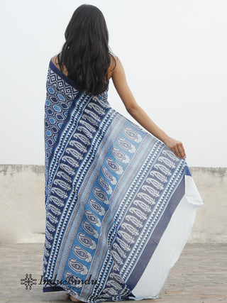 Indigo Blue White Hand Block Printed Cotton Saree In Natural Colors - S031702388