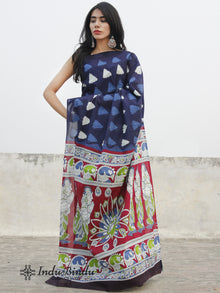 Indigo Blue Ivory Hand Block Printed Cotton Saree With Maroon Green Kalamkari Printed Pallu - S031702389