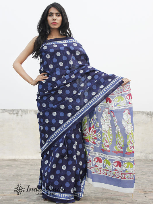 Indigo Blue Ivory Hand Block Printed Cotton Saree With Maroon Green Kalamkari Printed Pallu - S031702390